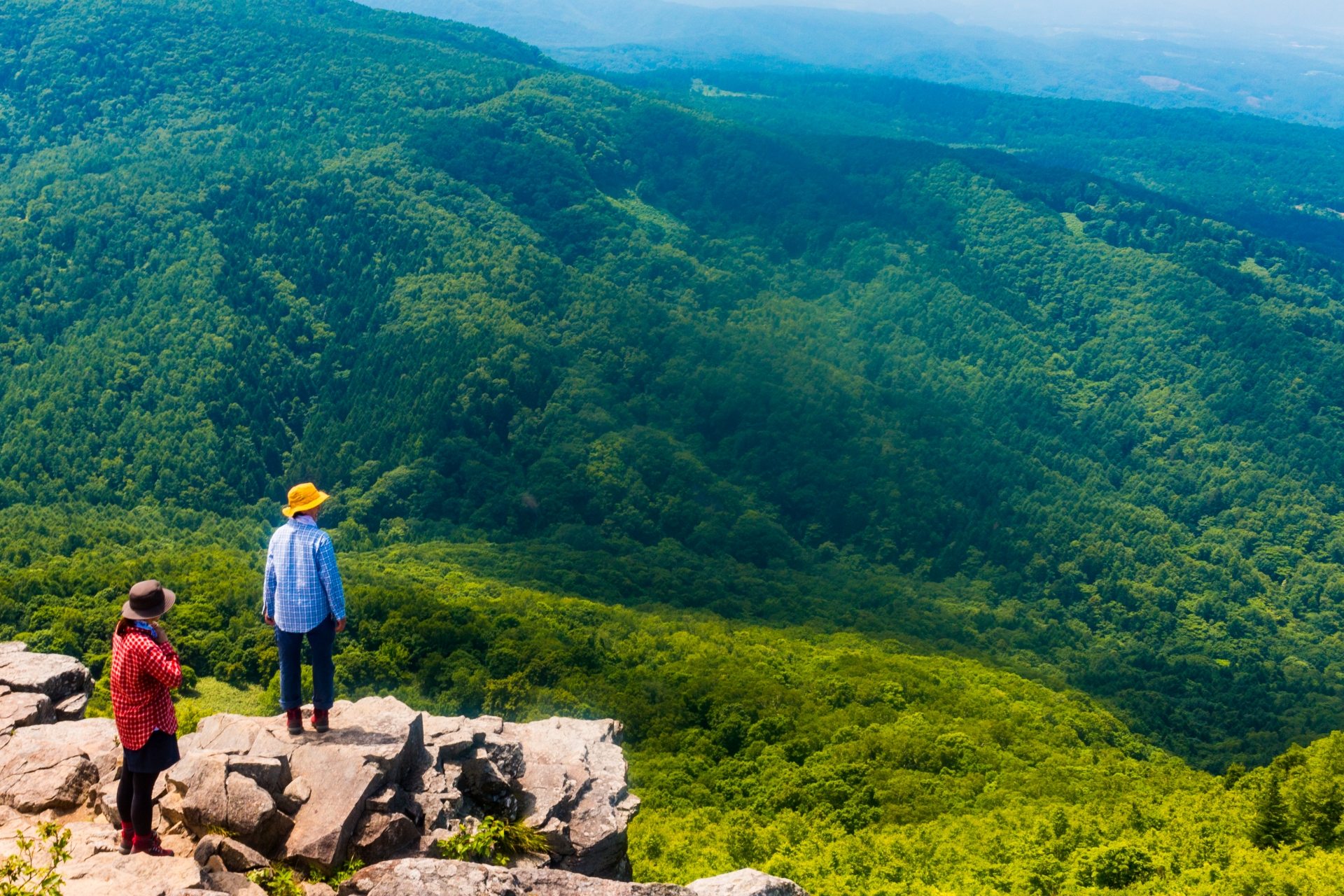 Hikers at a green ridge viewpoint in early summer